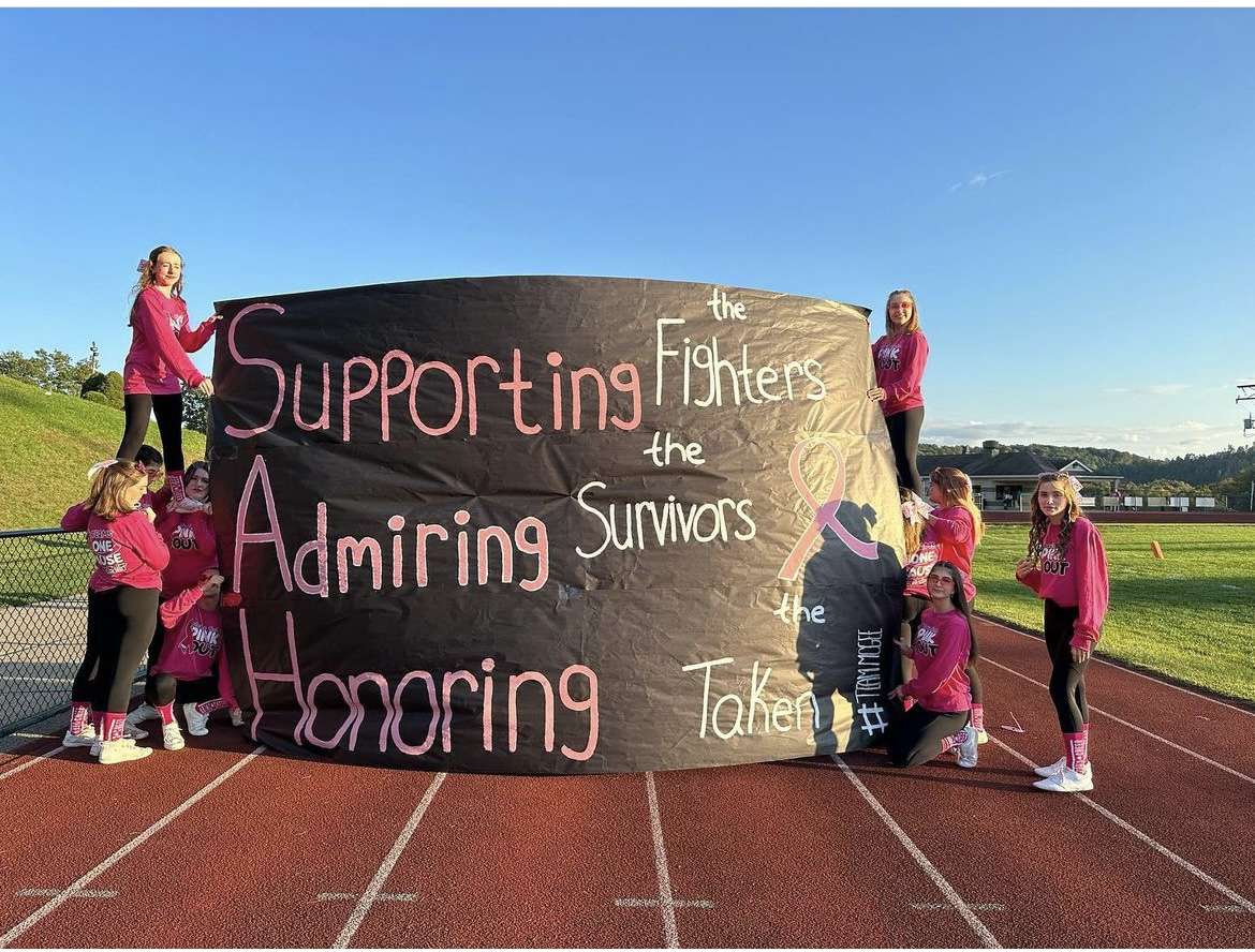 Varsity cheerleaders and their banner