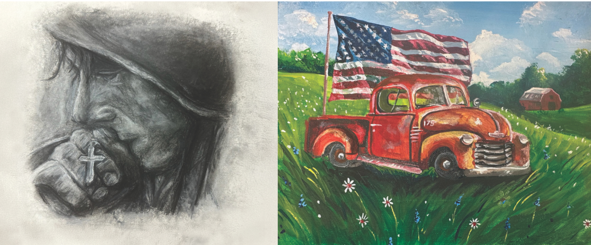 Victoria Snyder's "One Nation Under God" [left] 
Nora Pollock's "Freedom on Wheels" [right]